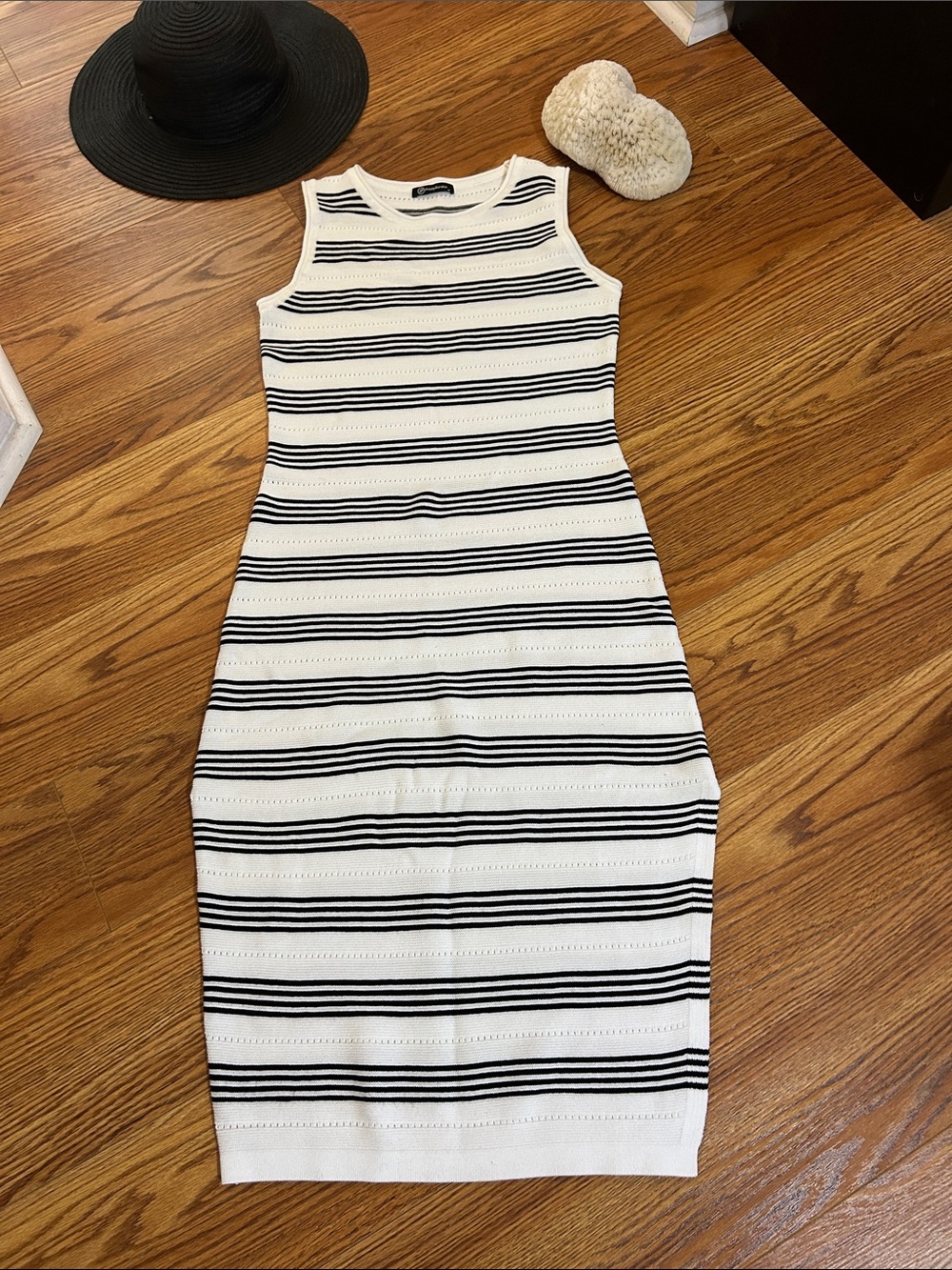Sleeveless Black & White Striped Midi Dress by